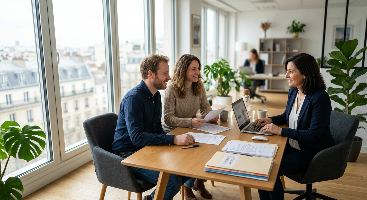 Couple français en rendez-vous avec un courtier en prêt immobilier dans un bureau moderne