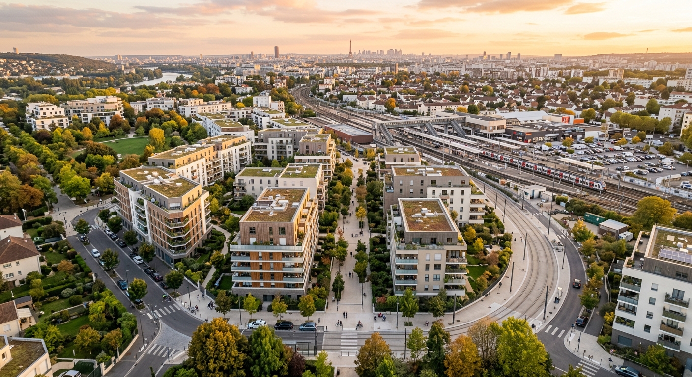Vue aérienne d'un quartier résidentiel neuf en banlieue parisienne