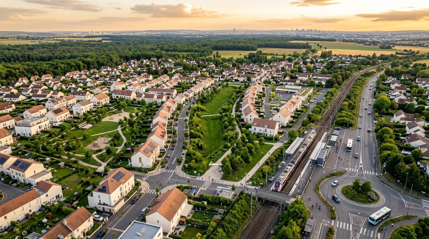 Vue aérienne d’une commune francilienne avec programmes neufs éligibles au PTZ