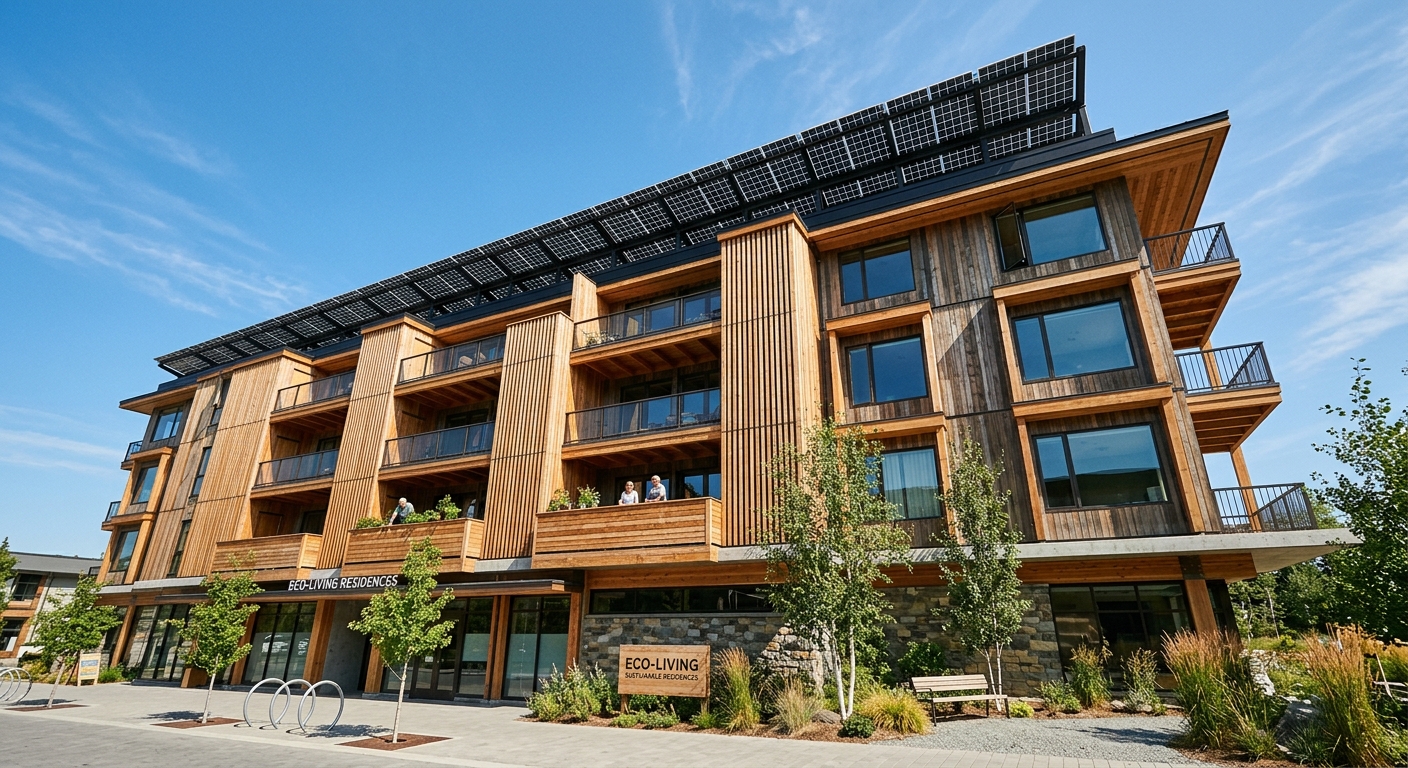 Façade bois et matériaux biosourcés d'un immeuble neuf conforme RE2020