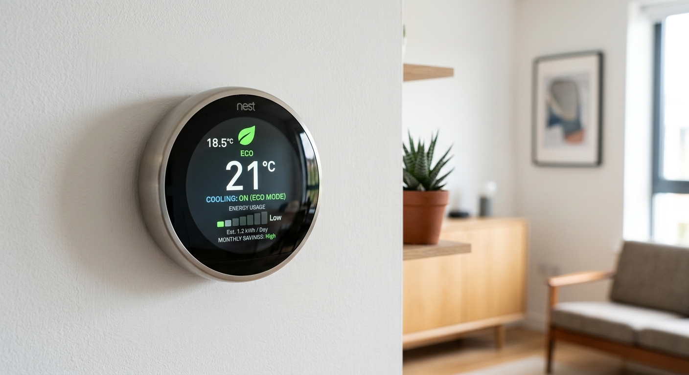 Thermostat intelligent affichant une faible consommation énergétique dans un appartement neuf