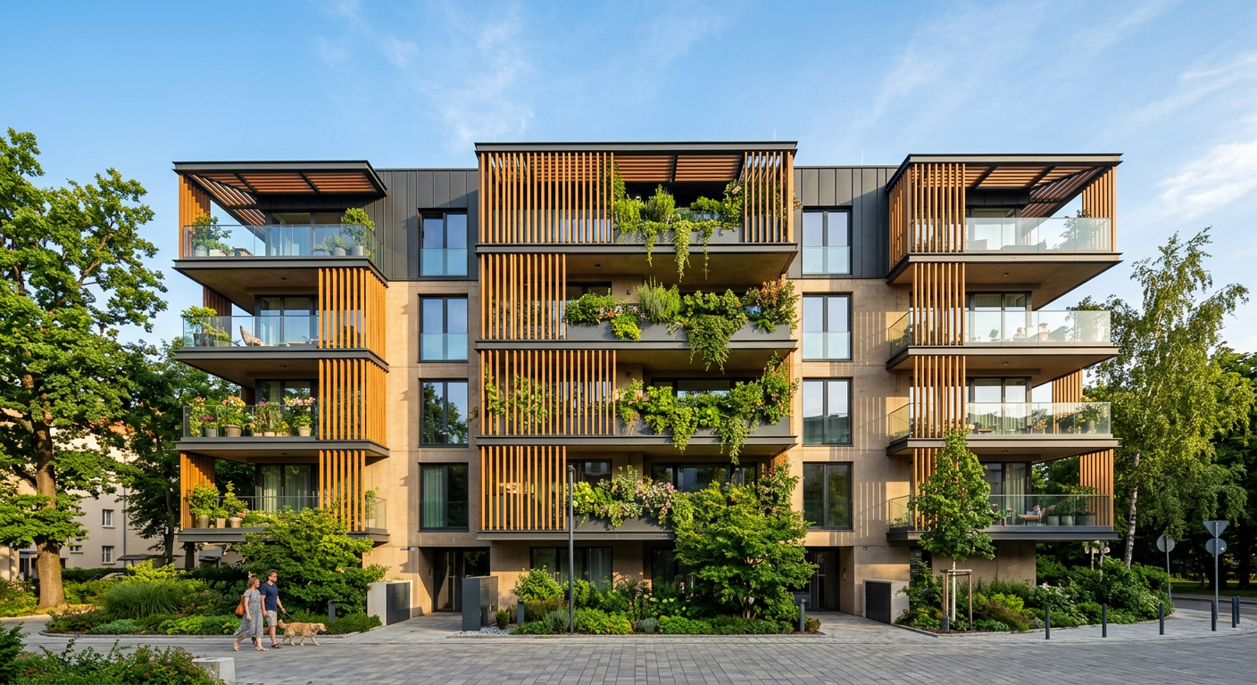 Brise-soleil architecturaux sur la façade d'une résidence neuve RE2020