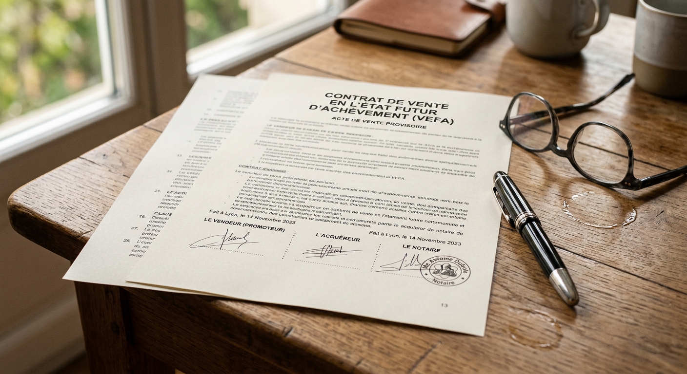 Contrat VEFA posé sur un bureau avec un stylo et des lunettes de lecture