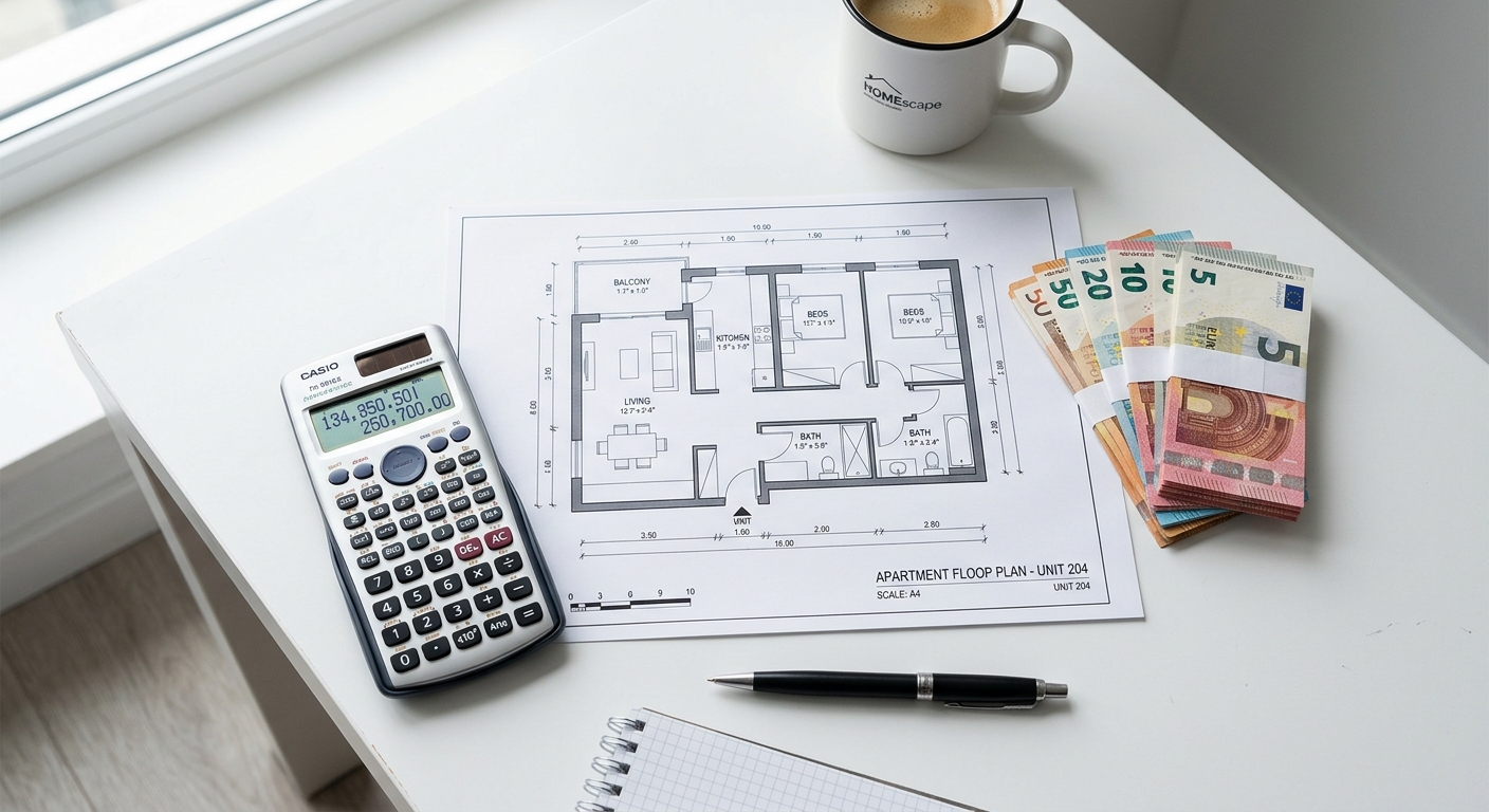Calculatrice et billets en euros à côté d'un plan d'appartement neuf