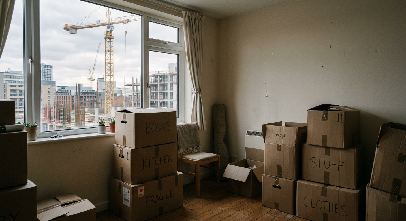 Cartons de déménagement dans un appartement temporaire avec vue sur un chantier