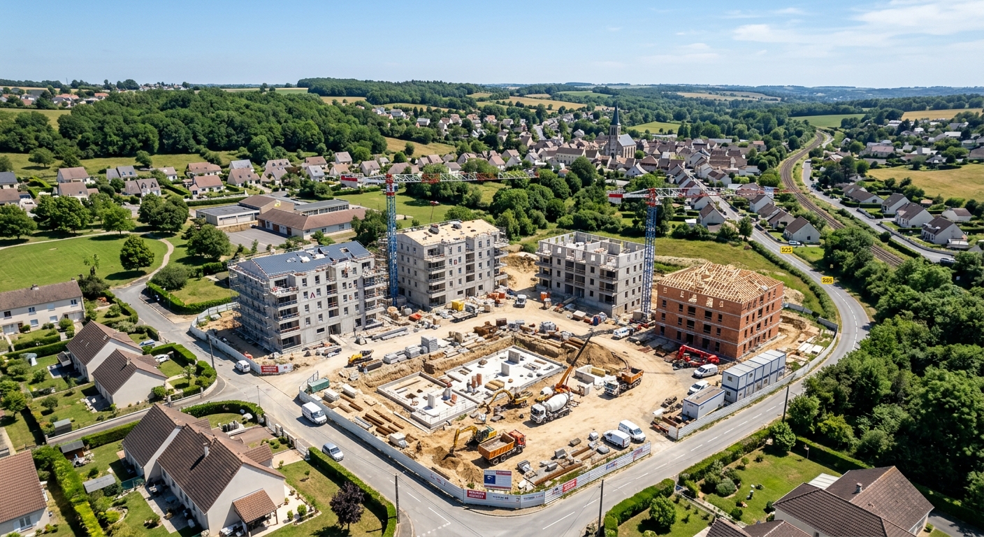 Vue aérienne d'un chantier de construction résidentielle neuve en banlieue parisienne