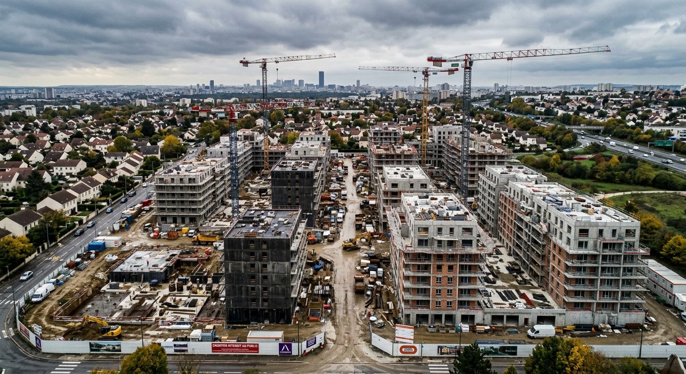 Chantier de programme immobilier neuf en banlieue parisienne vu du ciel