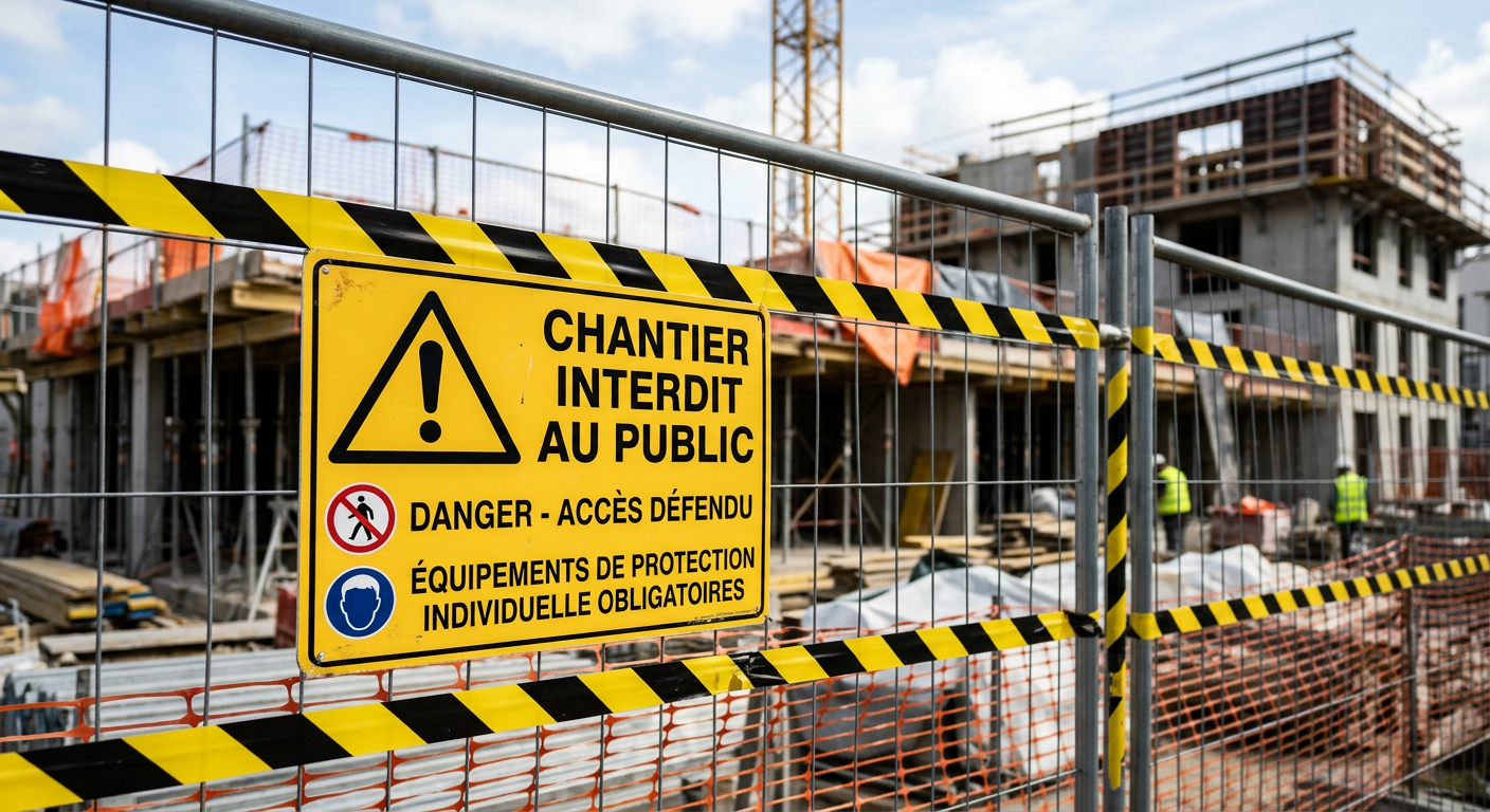 Panneau d’avertissement sur un chantier immobilier neuf en France