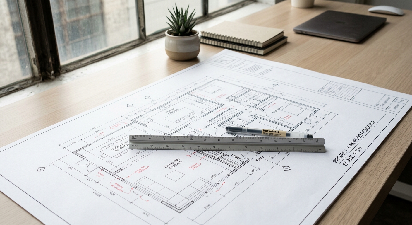 Plans architecturaux détaillés d'un appartement neuf posés sur un bureau