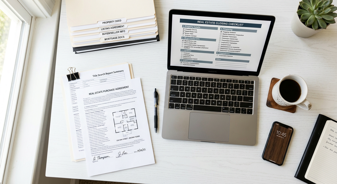 Bureau organisé avec documents immobiliers et checklist de vérification
