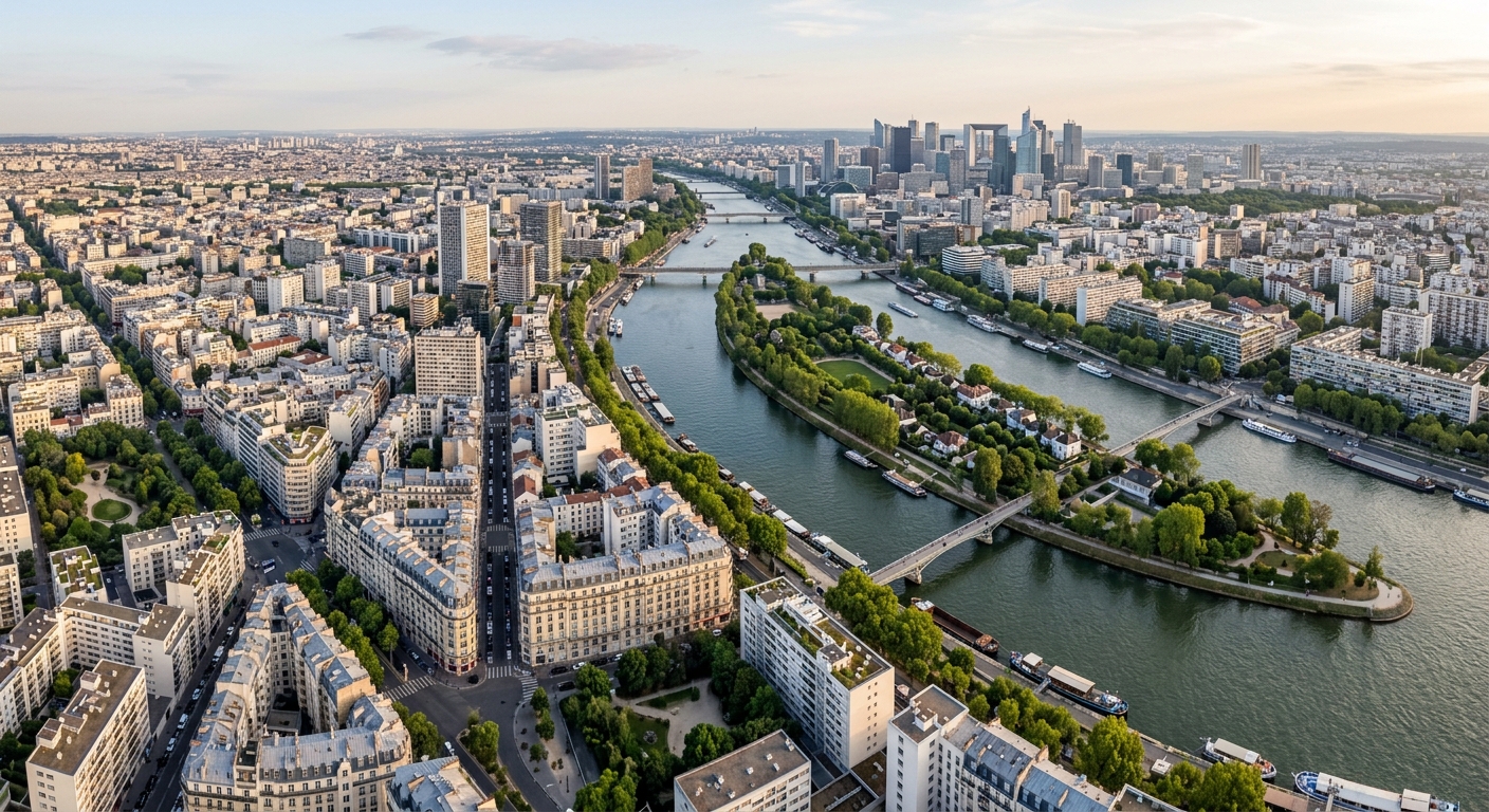 Vue aérienne de Levallois-Perret montrant la densité urbaine et l'Île de la Jatte