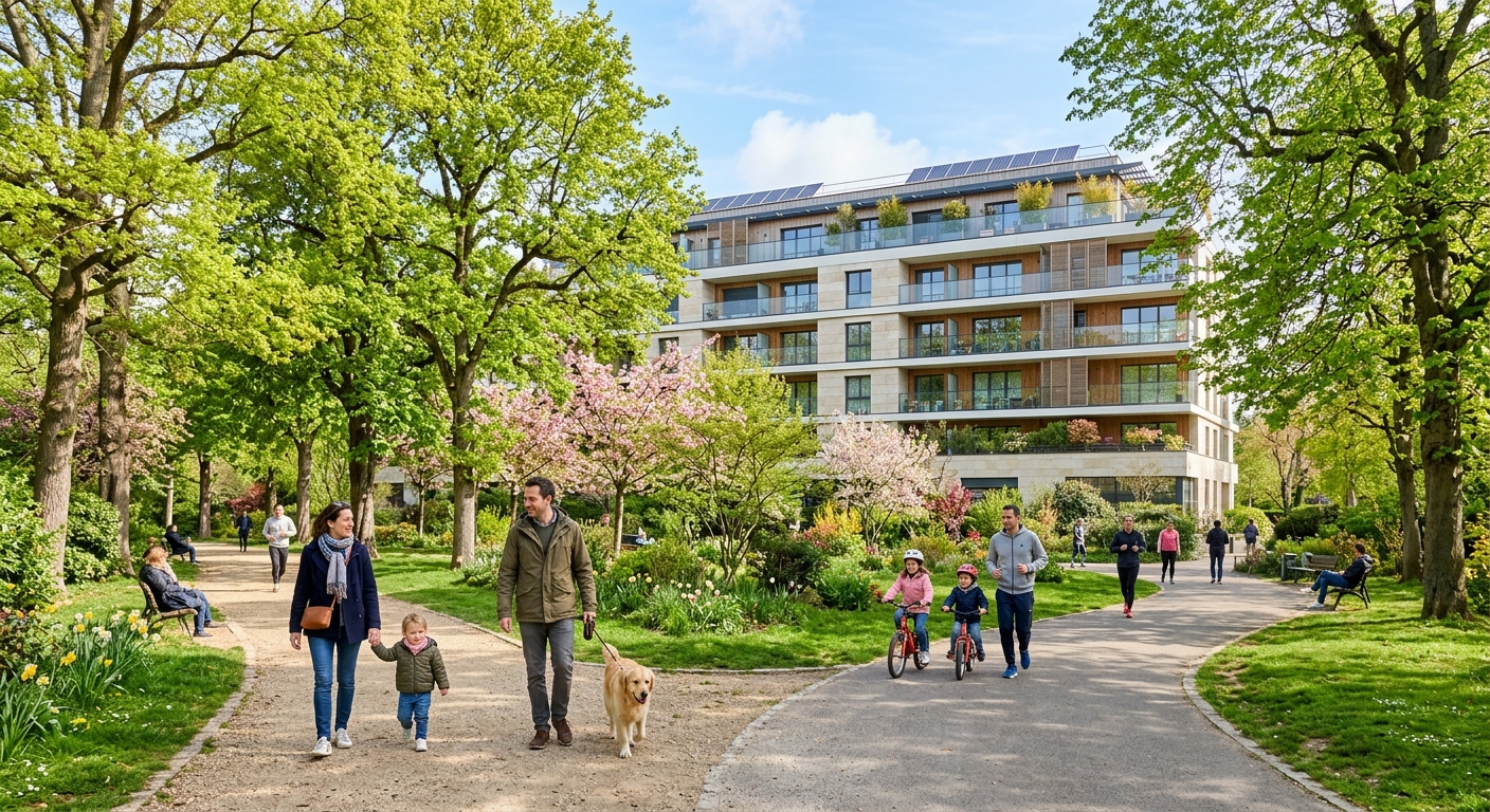 Parc de la Planchette à Levallois-Perret avec immeuble neuf en arrière-plan