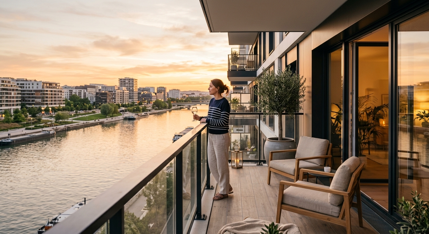 Balcon d'un appartement neuf à Bezons donnant sur la Seine au coucher du soleil