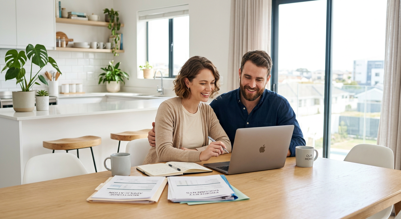 Couple primo-accédant calculant leur financement PTZ pour un appartement neuf