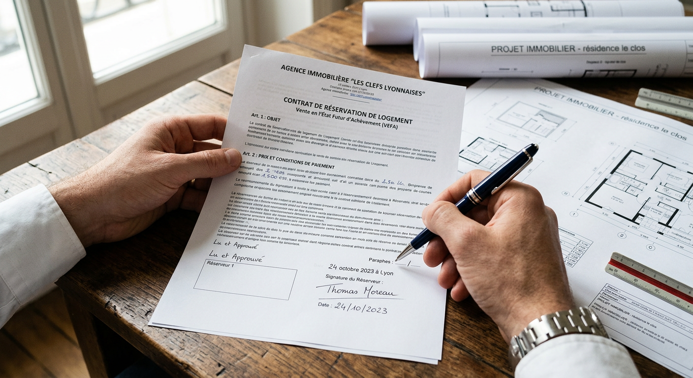 Document contractuel immobilier neuf en cours de signature