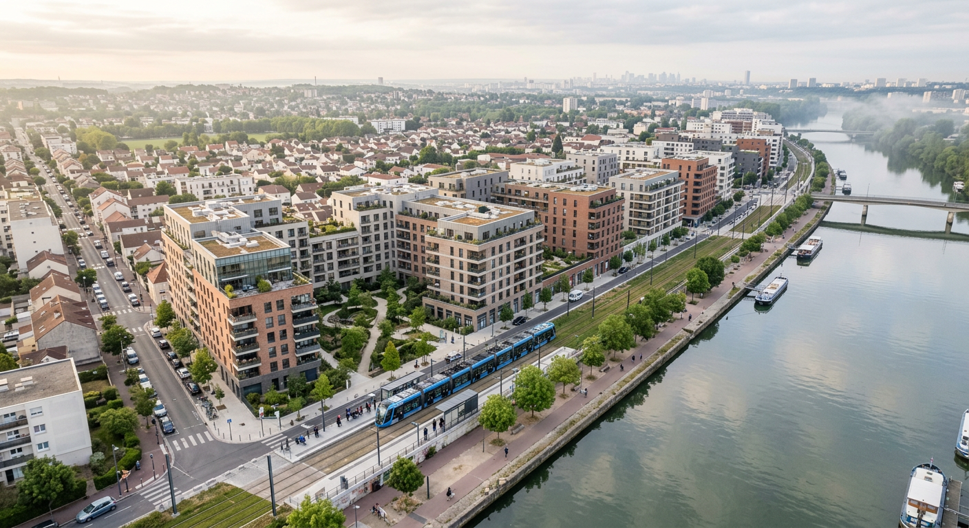 Vue aérienne de Bezons avec le tramway T2 et les bords de Seine