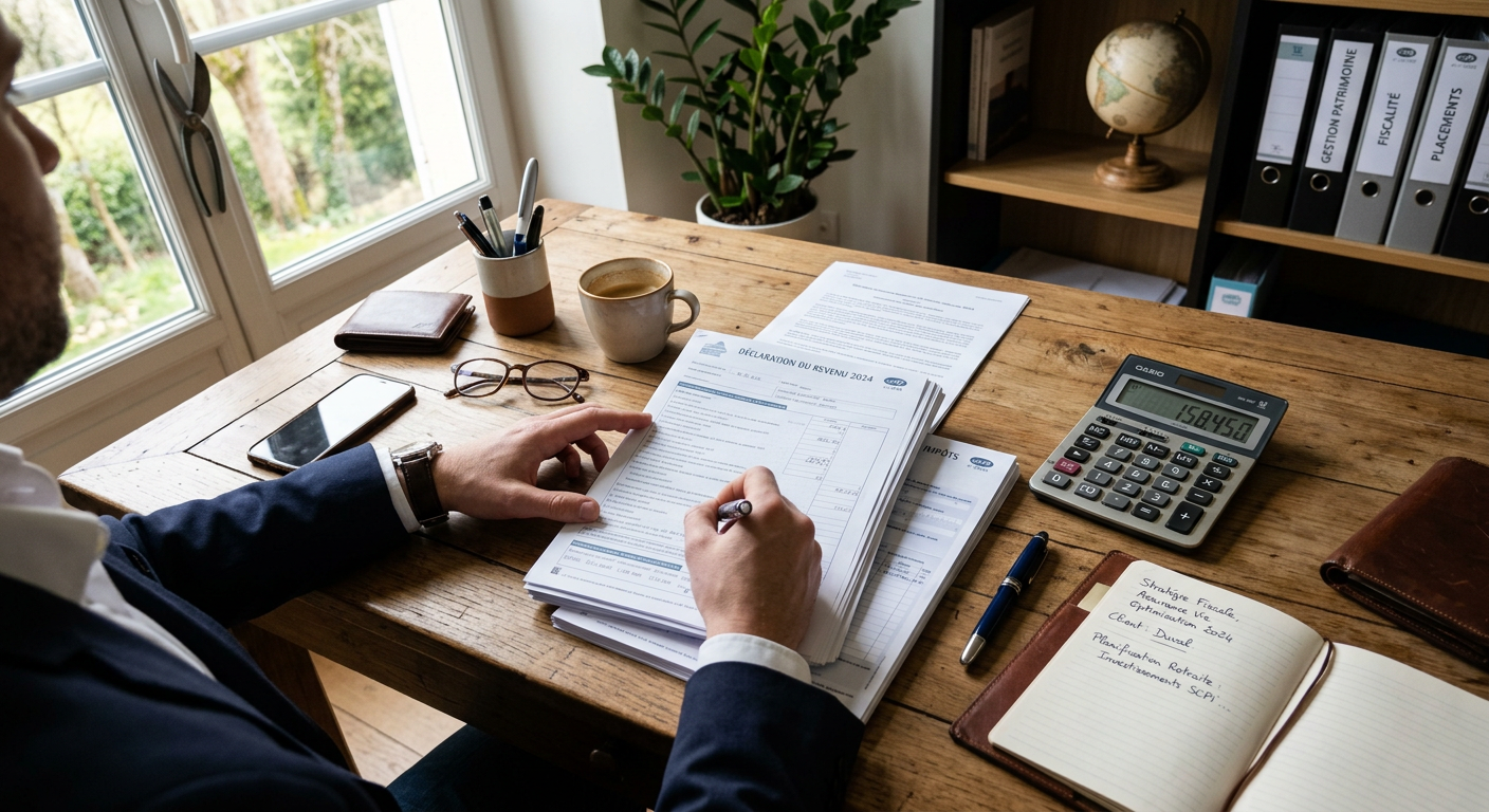 Bureau de gestion patrimoniale avec documents fiscaux pour calcul du déficit foncier