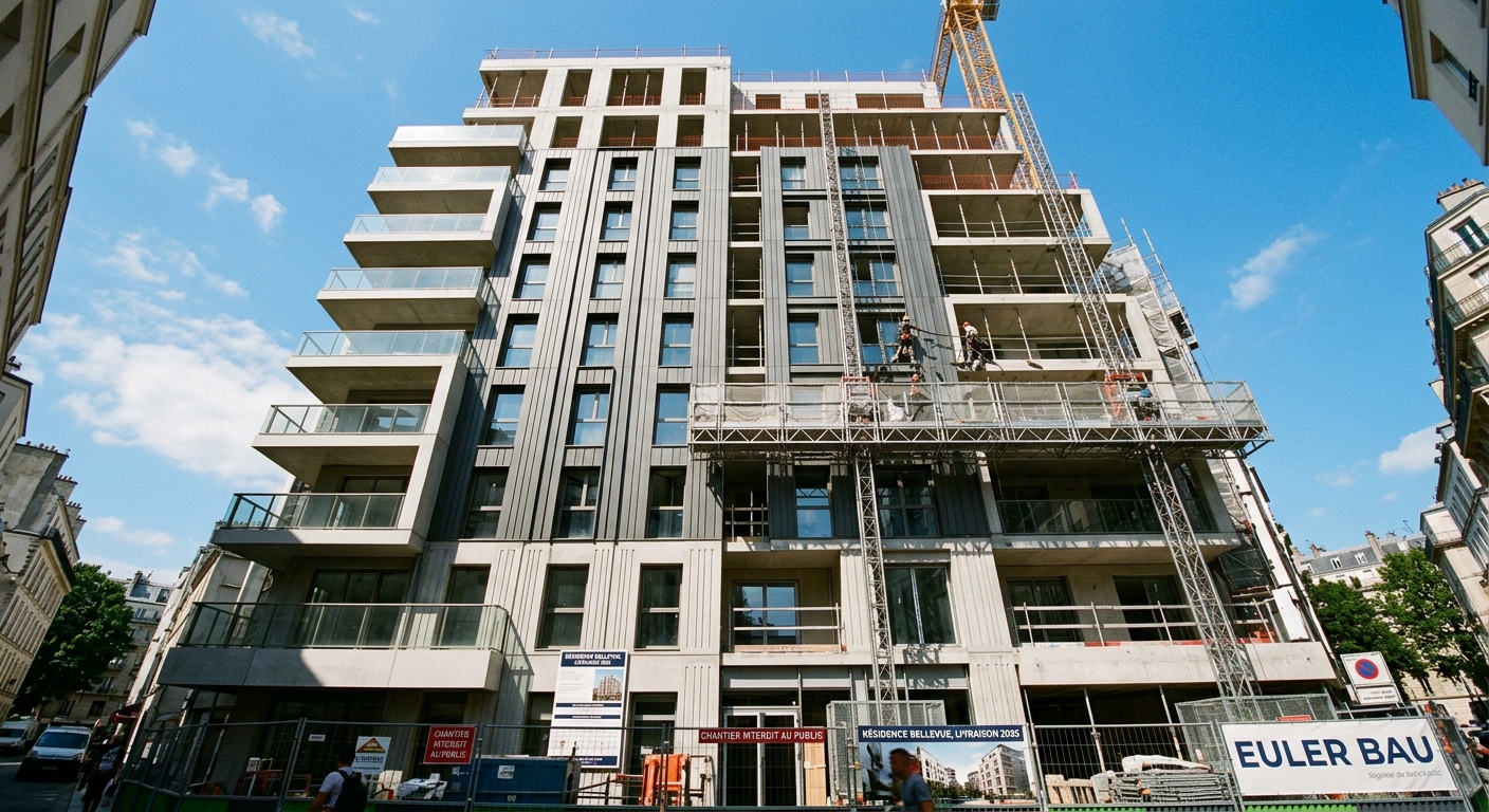 Immeuble neuf en construction en région parisienne avec échafaudages