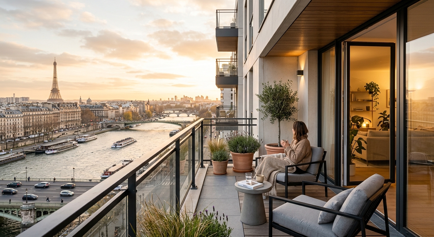 Balcon d'un appartement neuf donnant sur la Seine
