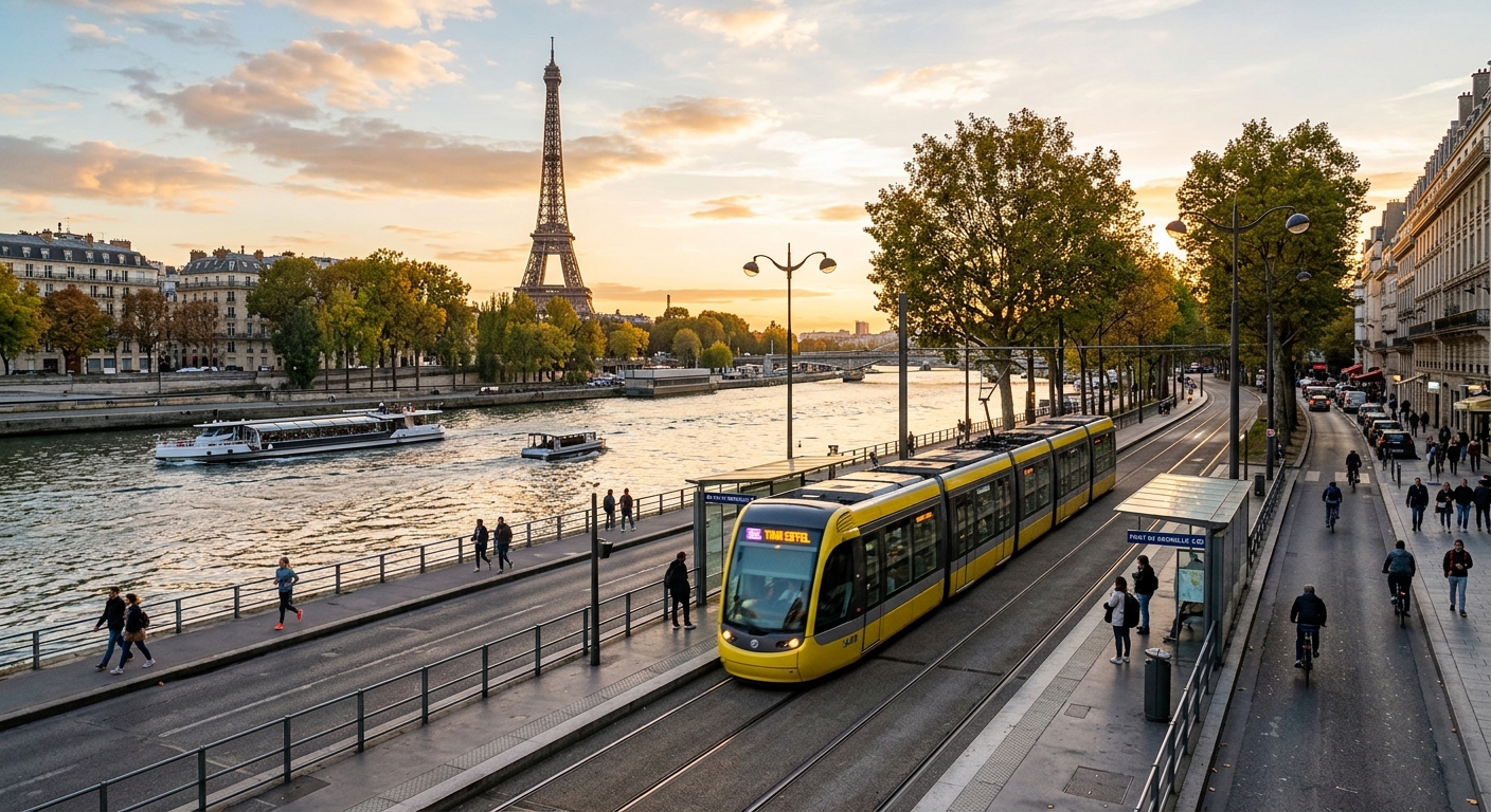 Tramway T2 circulant le long des quais de Seine