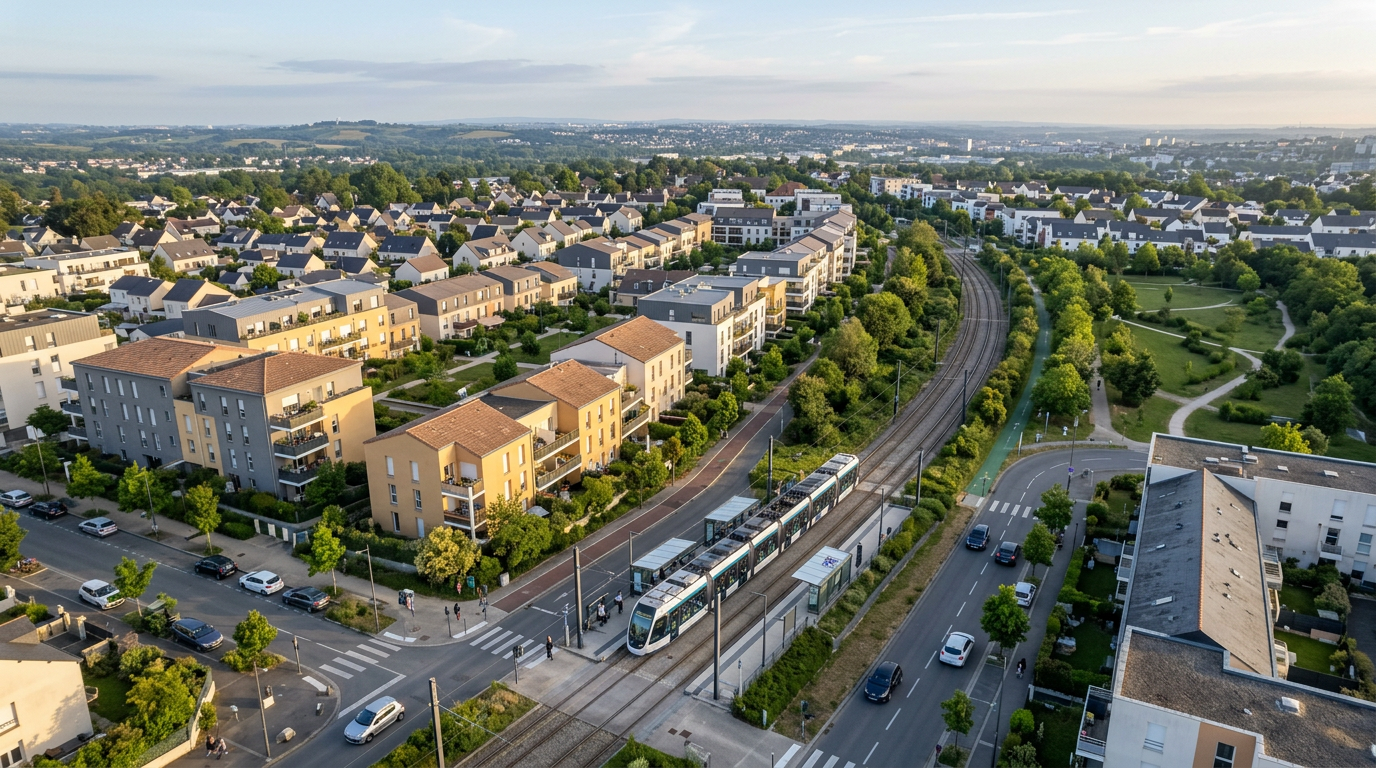 Ligne de tramway T6 traversant une zone résidentielle