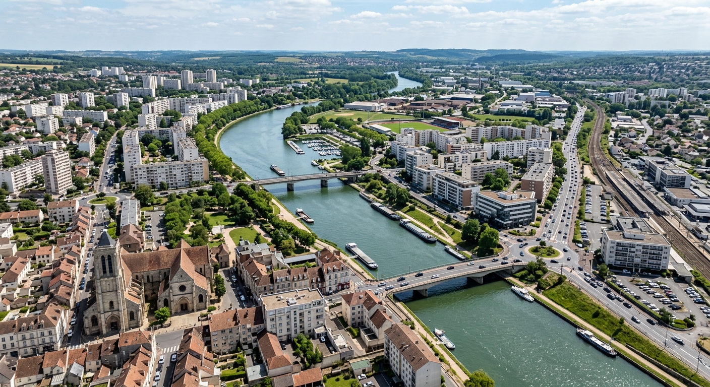 Vue aérienne d'une ville française avec bâtiments anciens et neufs