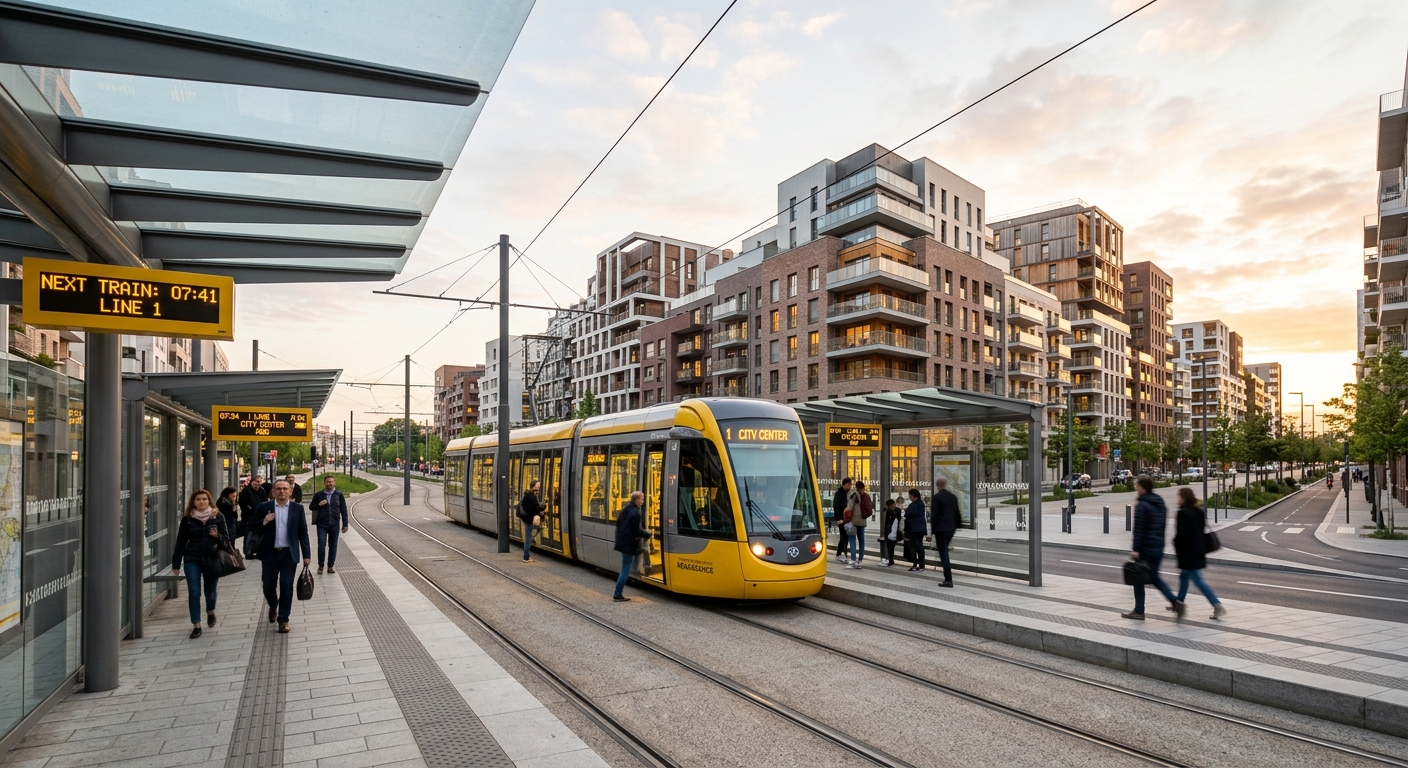 Station de tramway T2 à Rueil-Malmaison entourée de résidences neuves