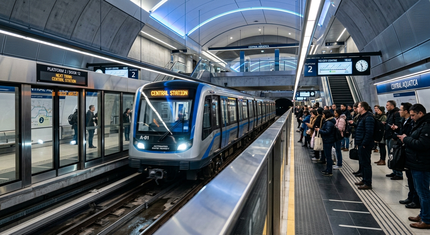 Rame du Grand Paris Express en station dans une gare moderne du réseau automatique