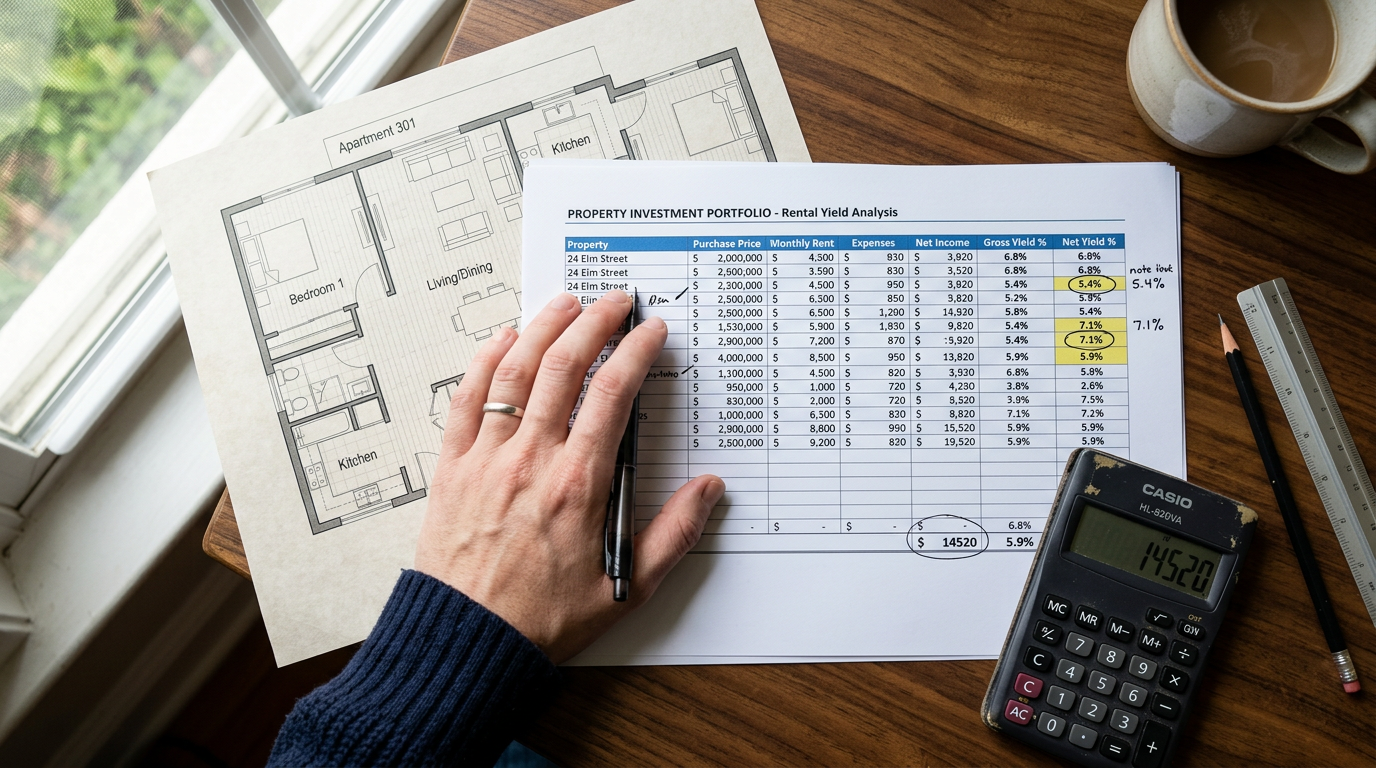 Simulation de rendement locatif sur un bureau avec plan et calculatrice