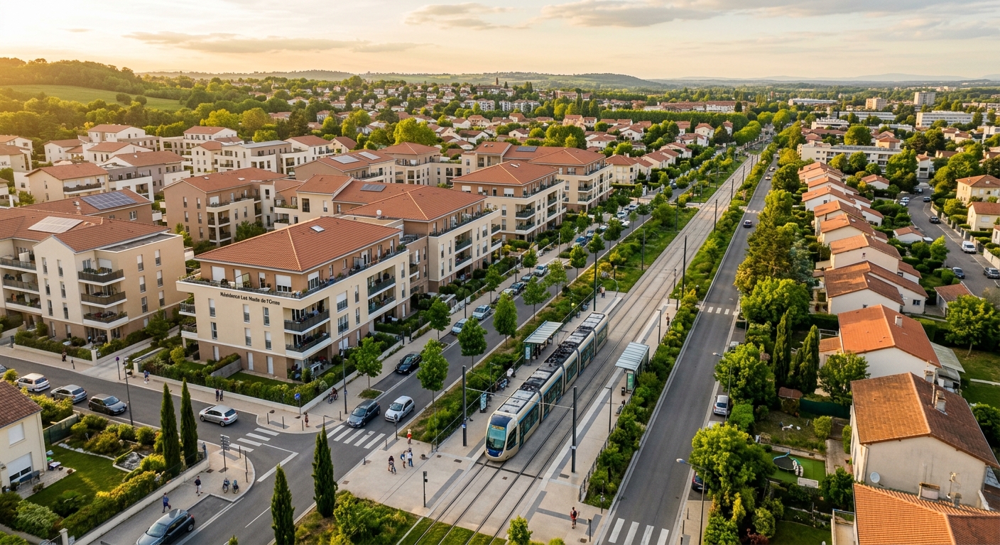 Tramway moderne desservant un nouveau quartier résidentiel en Île-de-France