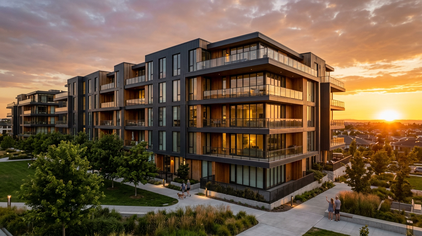 Immeuble résidentiel neuf au coucher du soleil illustrant une revente immobilière