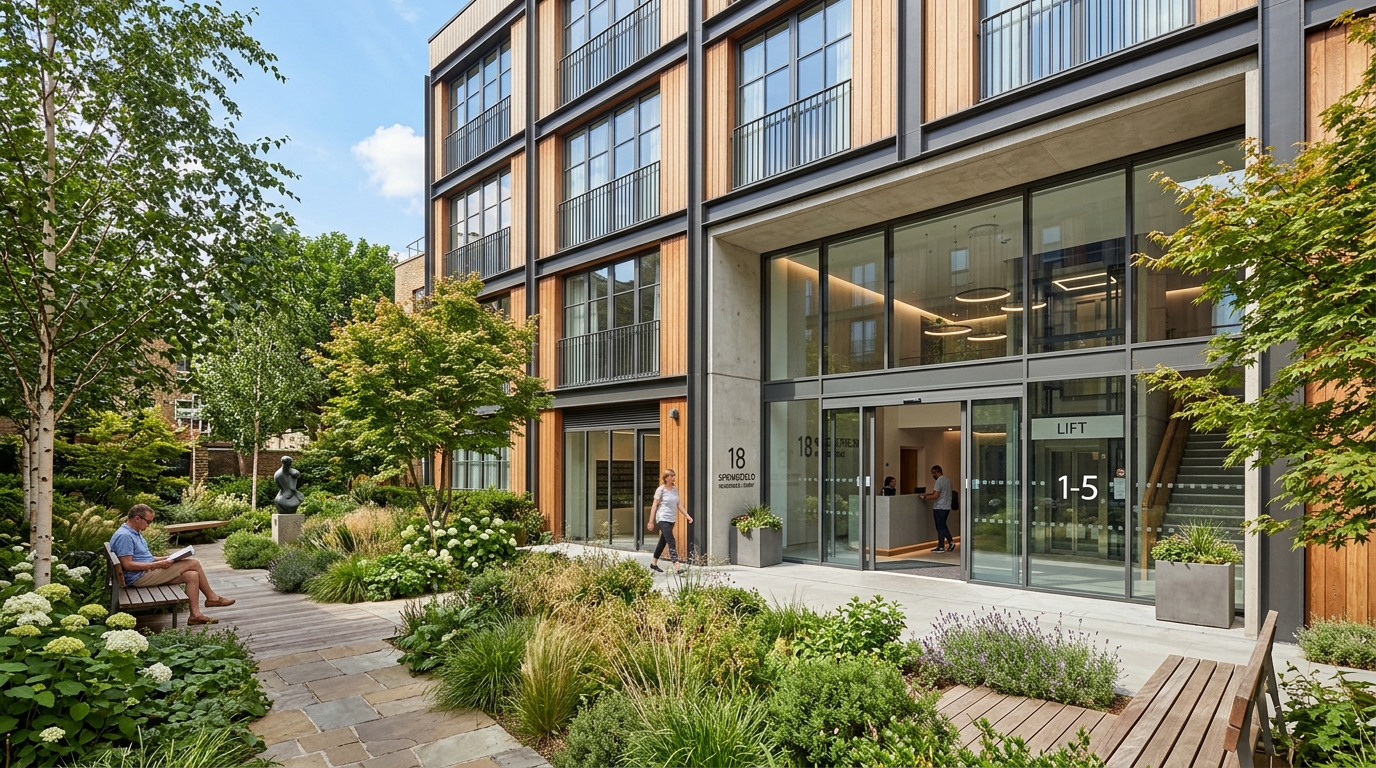Entrée d'immeuble résidentiel neuf avec espaces verts et ascenseur vitré à Rueil-Malmaison