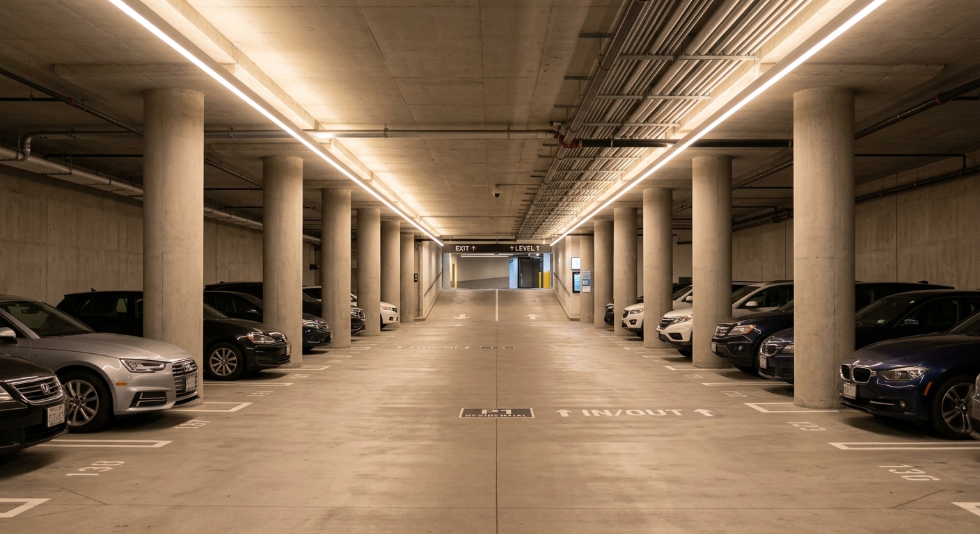 Parking souterrain d'une copropriété neuve avec éclairage LED