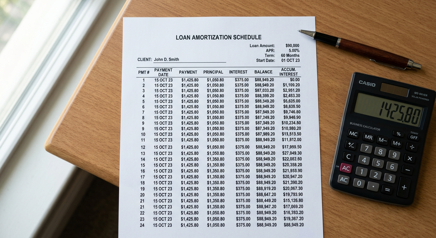 Tableau d'amortissement imprimé avec calculatrice sur un bureau