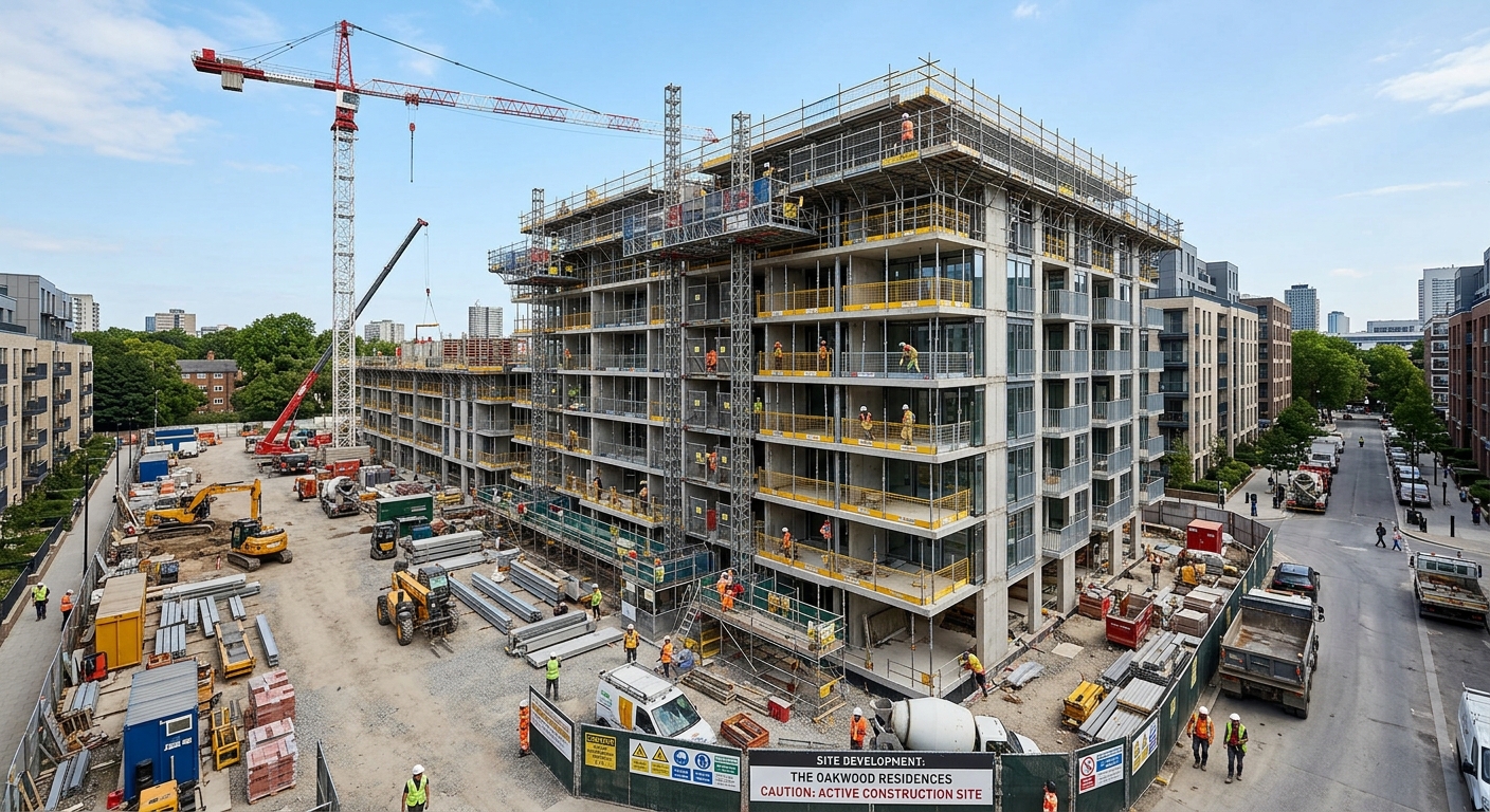 Chantier de construction d'un immeuble neuf en cours de livraison