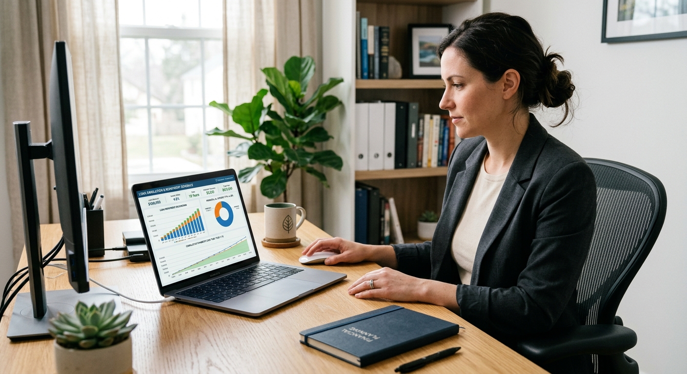 Écran d'ordinateur affichant une simulation de prêt immobilier avec graphiques
