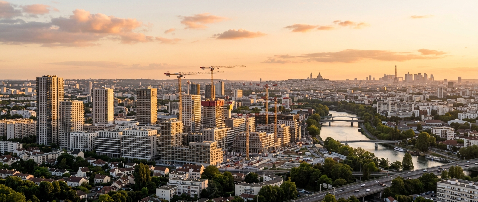 Skyline des programmes neufs au nord de Paris et grues de construction