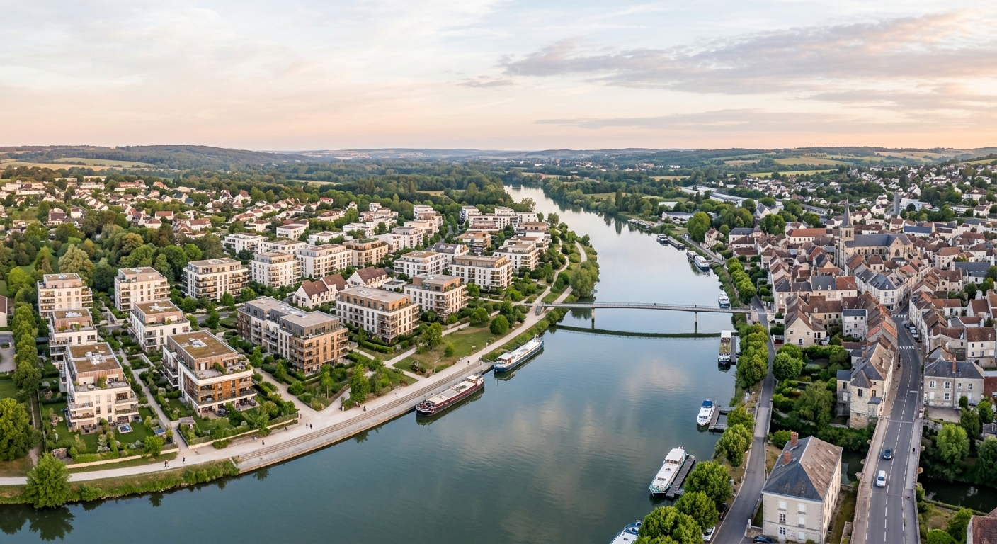 Vue aérienne de la ville de Sartrouville et de ses bords de Seine