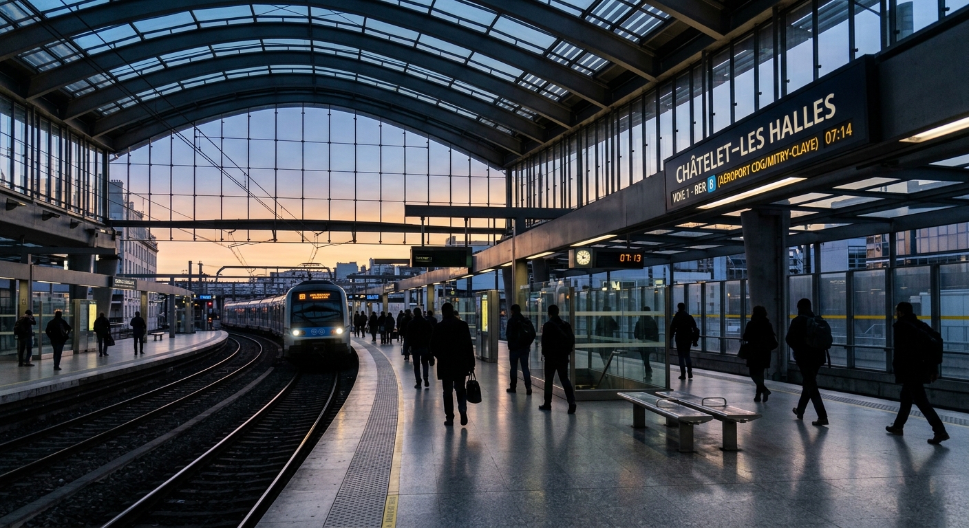 Quai de gare RER A avec voyageurs au petit matin