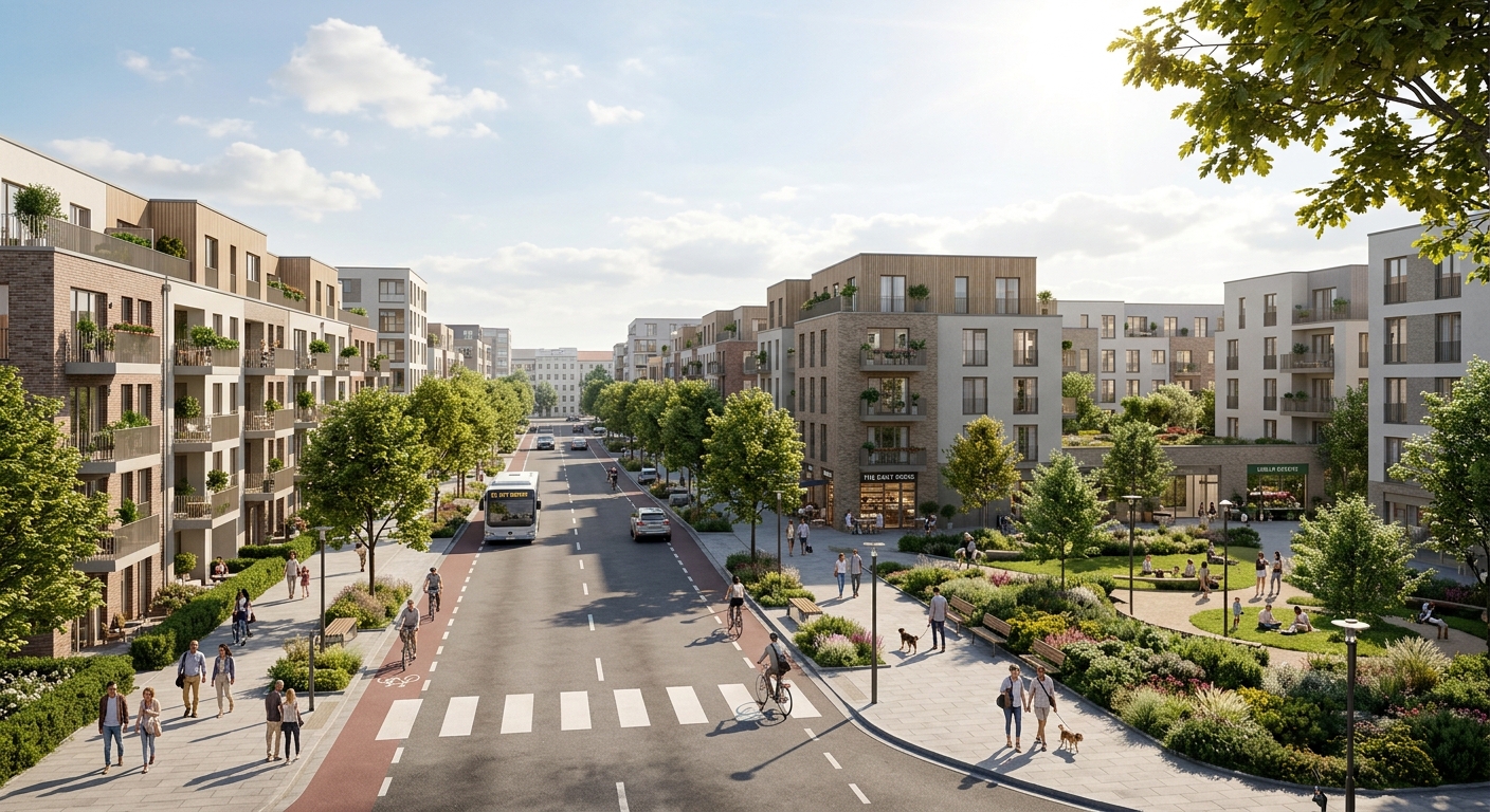 Quartier résidentiel rénové avec immeubles neufs et espaces verts
