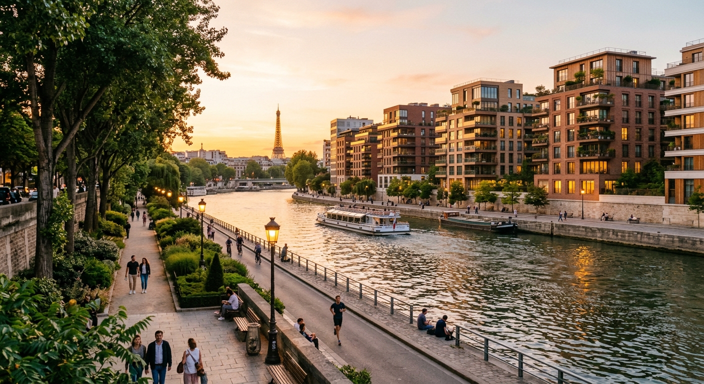 Promenade aménagée le long de la Seine avec résidences neuves