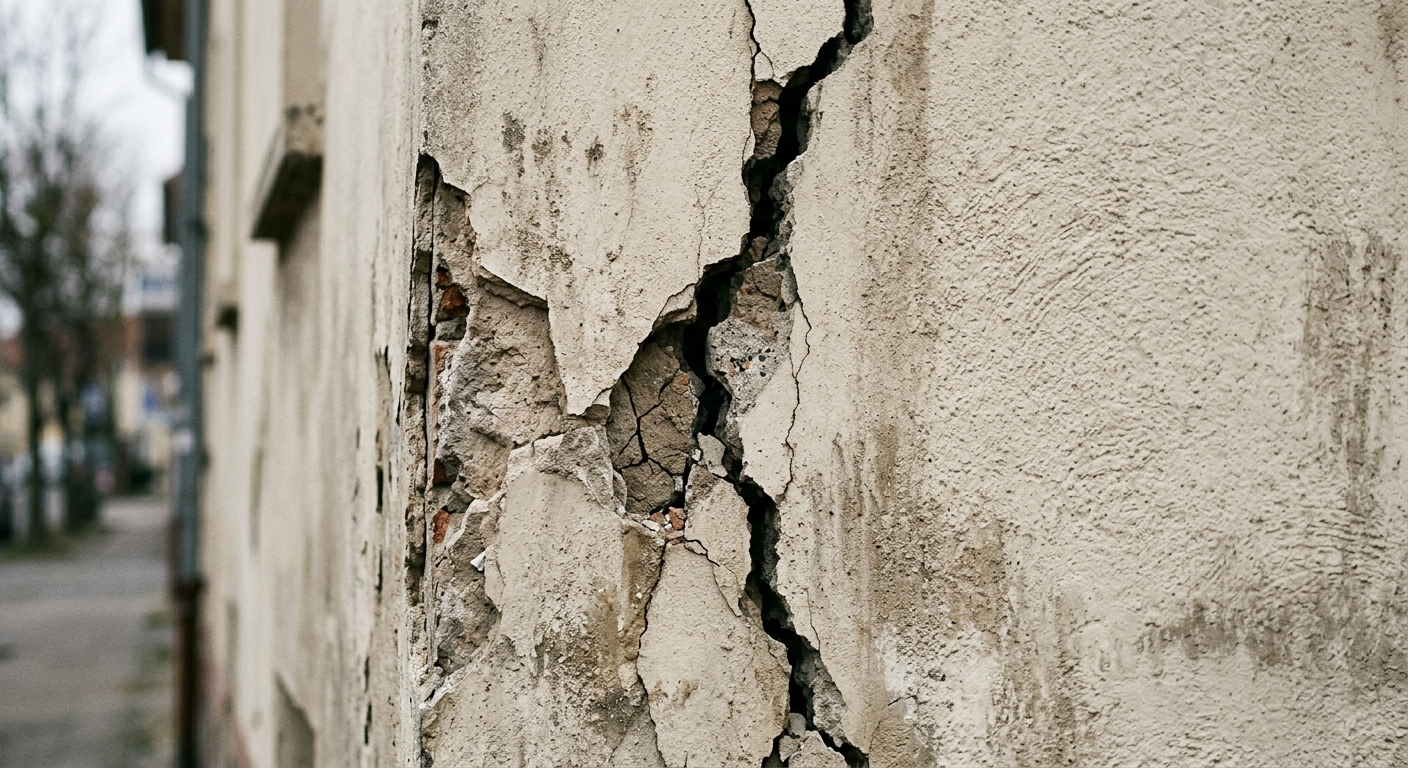 Fissure structurelle sur un mur extérieur de bâtiment neuf