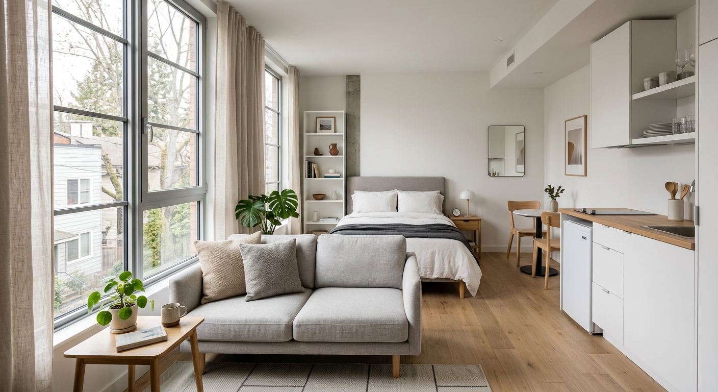 Studio meublé neuf avec mobilier moderne et lumière naturelle