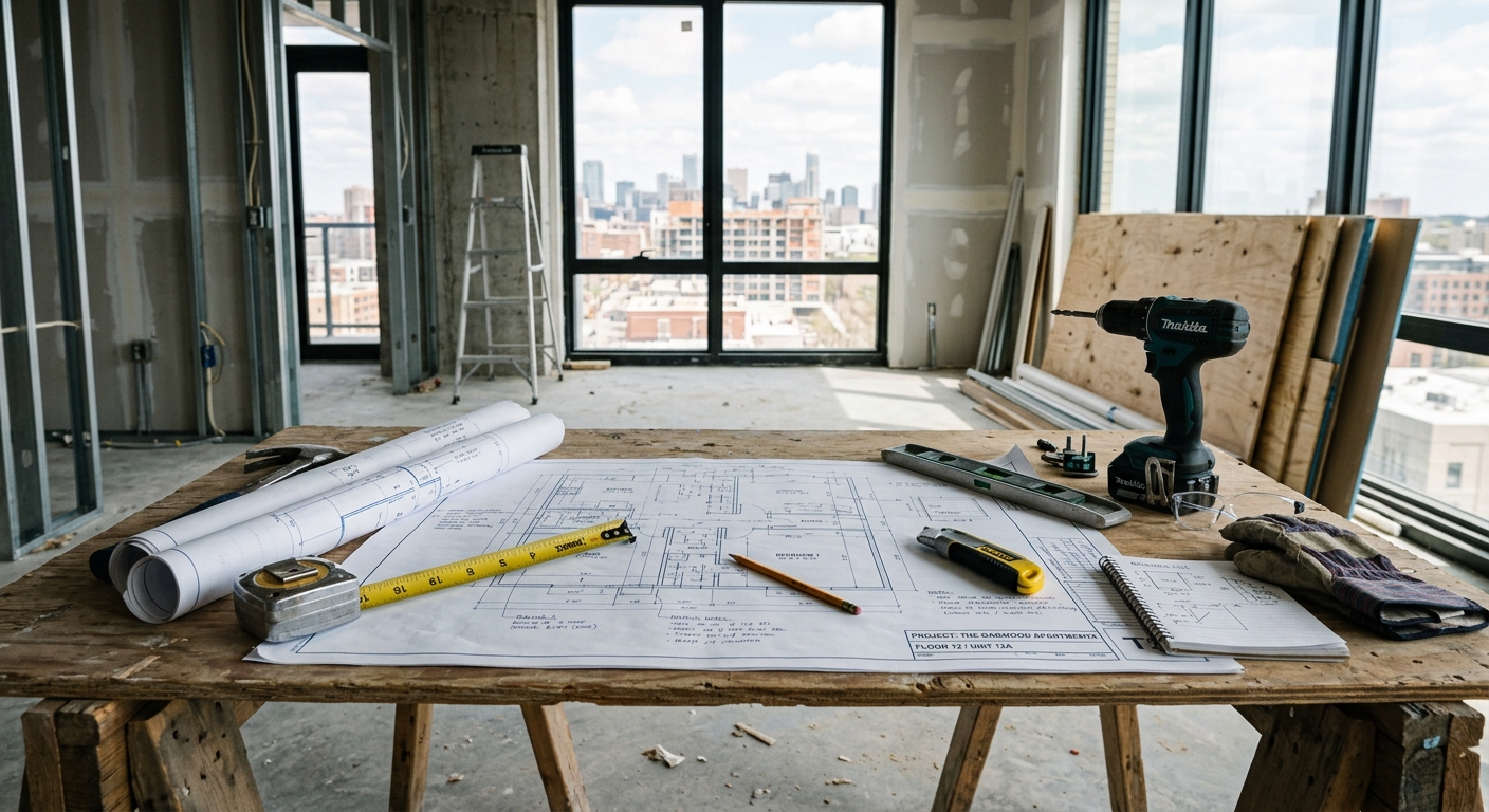 Plans de travaux et outils de rénovation dans un appartement neuf