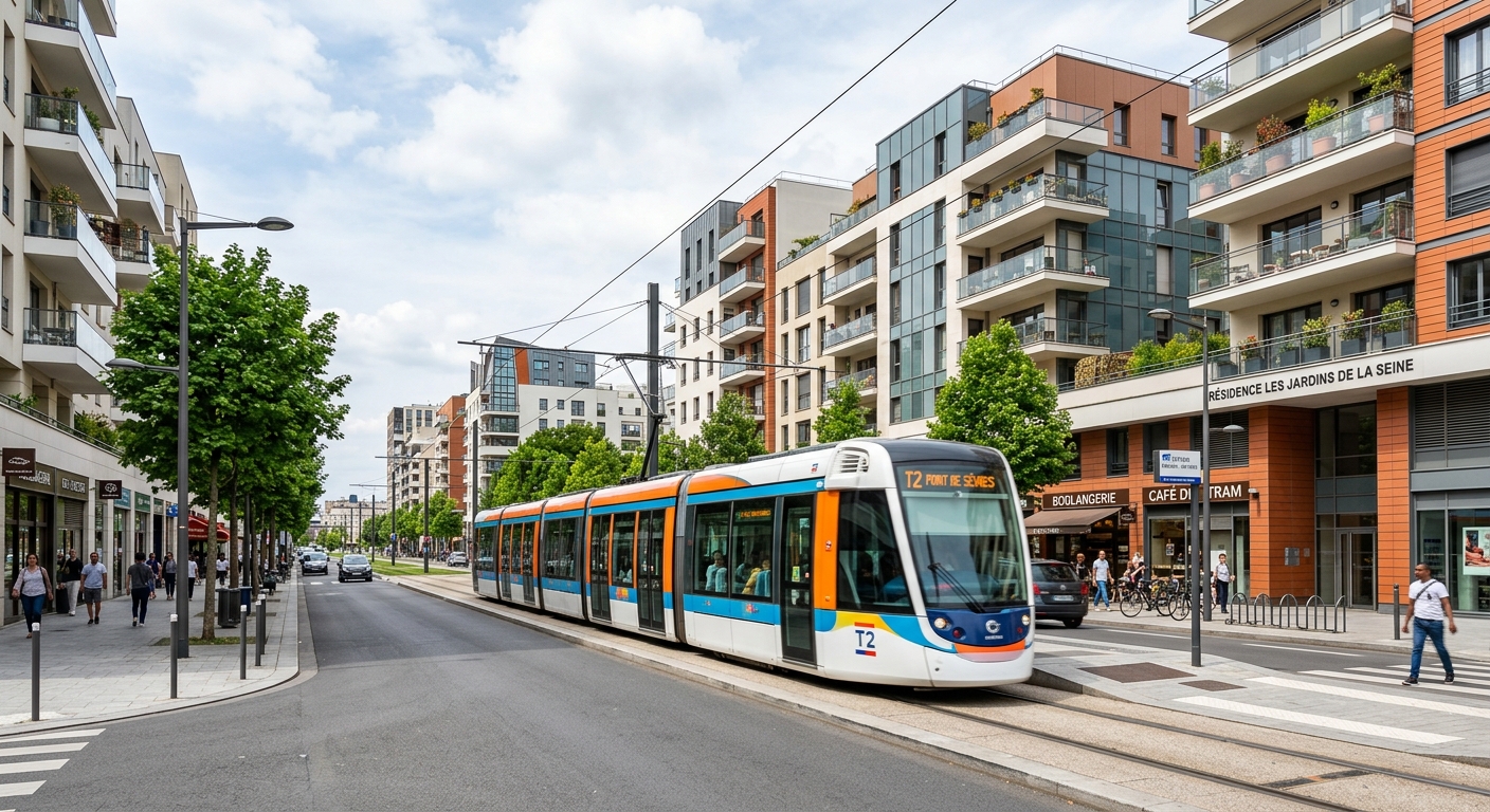 Tramway T2 circulant près de programmes immobiliers neufs à Bezons