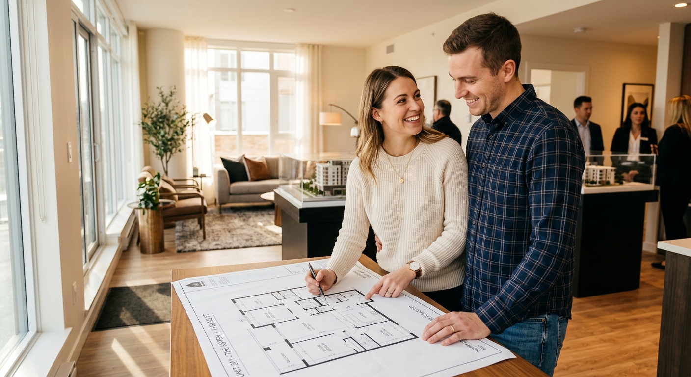 Couple primo-accédant étudiant un plan d'appartement neuf