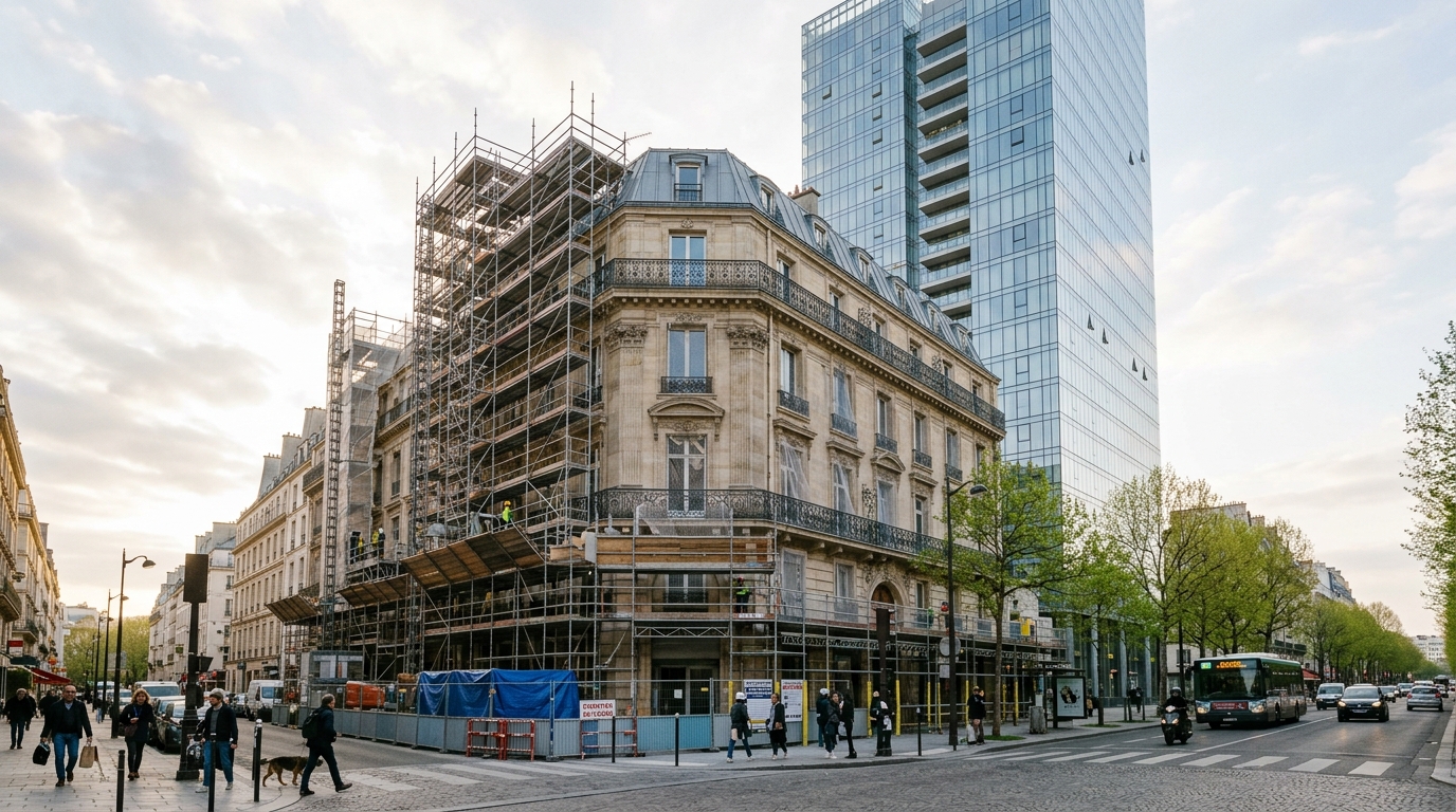 Bâtiment ancien en rénovation à côté d'une tour résidentielle neuve