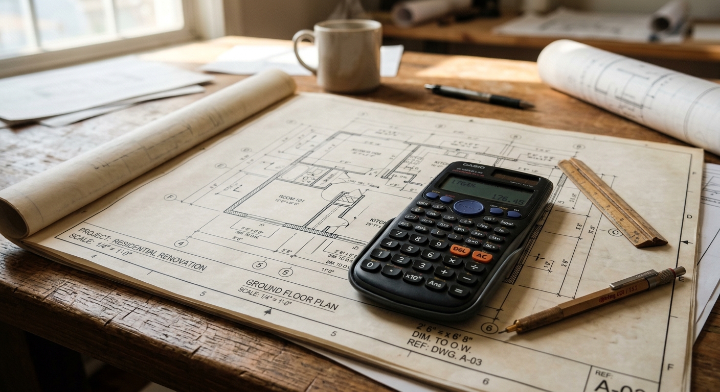 Plans de rénovation et calculatrice sur un bureau