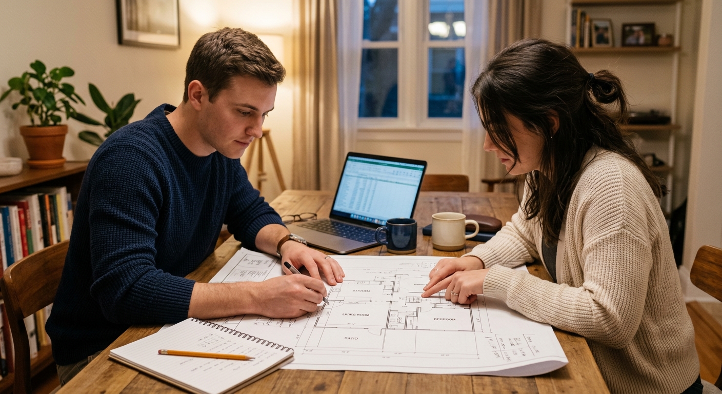 Couple de primo-accédants étudiant un plan d'appartement neuf