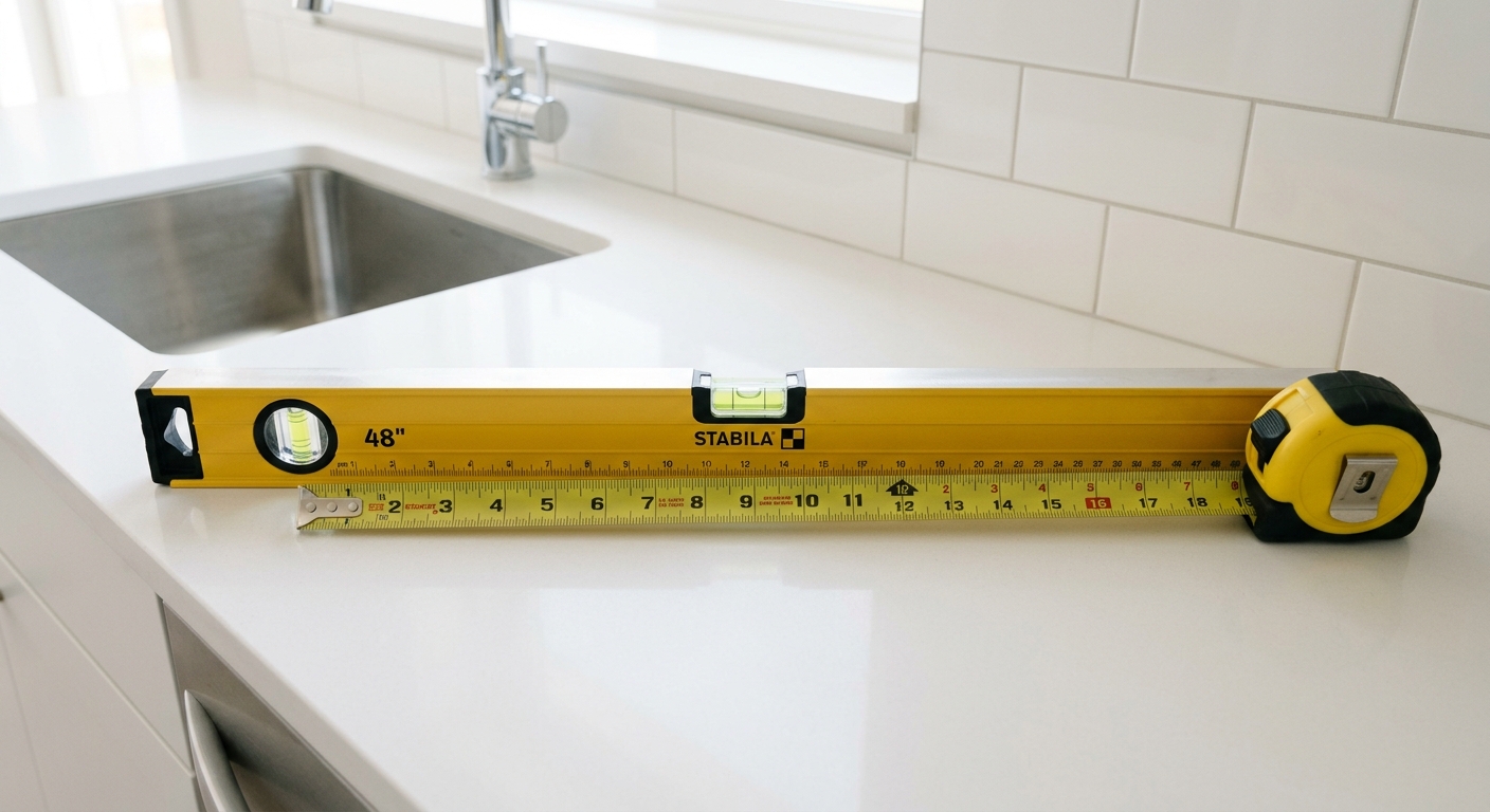 Outils de contrôle niveau à bulle et mètre ruban pour vérifier un appartement neuf